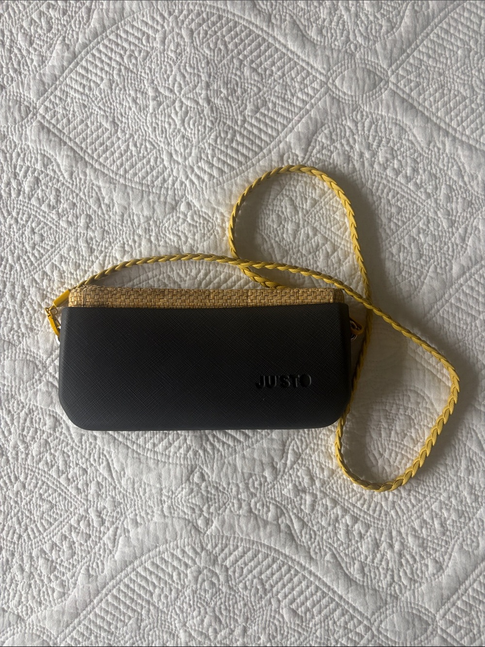 JUSTO Black Crossbody Bag with Yellow Braided Strap